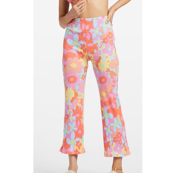 Billabong Come Back Floral Rib Crop Pants In Peach Pie / size L - Picture 1 of 7